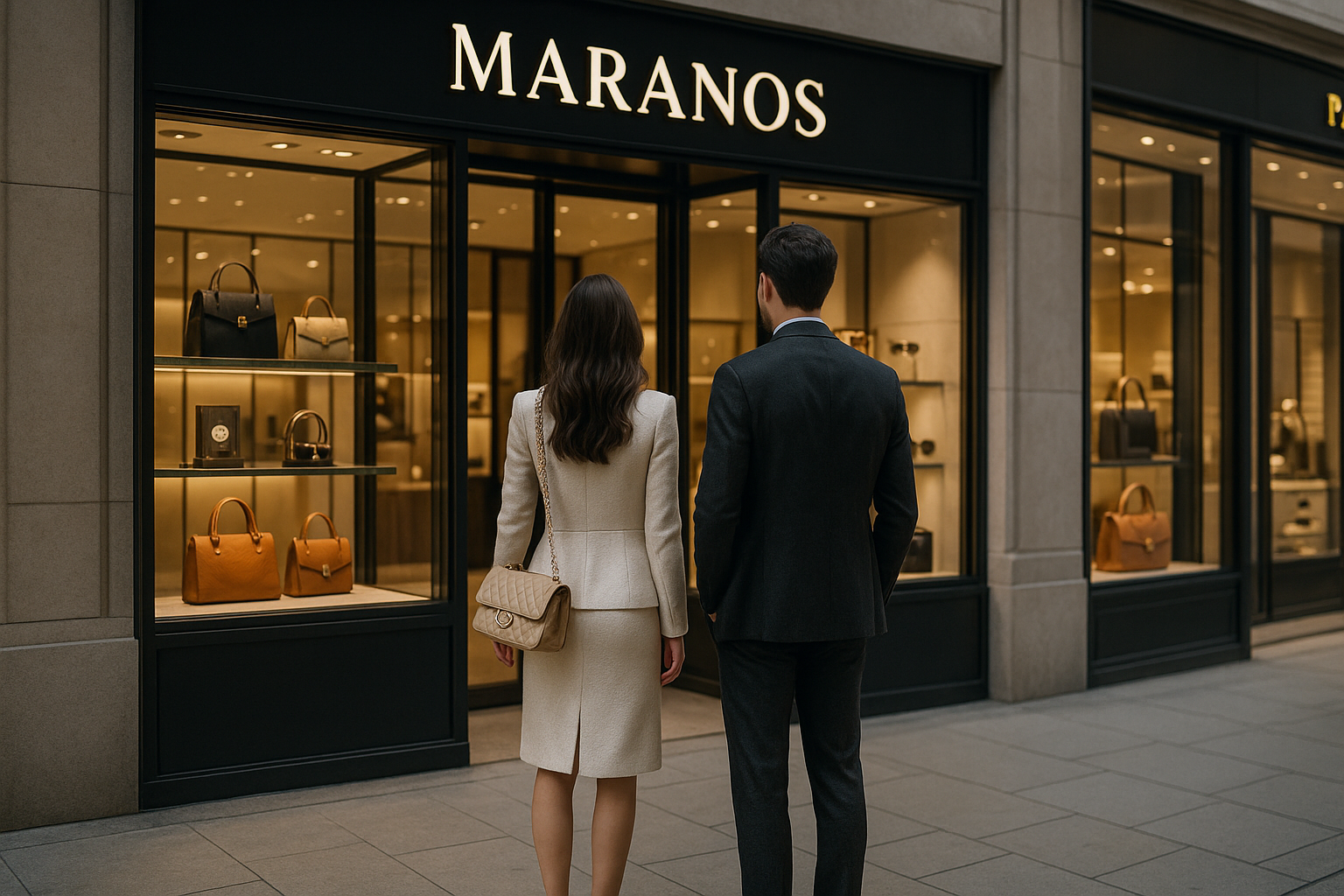 een stel(man en vrouw) staan met hun rug naar de camera voor een designer winkel(tassen, horloges en zonnebrillen).
Ze zijn beide netjes gekleed en hebben designer kleding aan. 
De winkel heet Maranos en zit in een dure winkelstraat.
Noem geen straatbordjes.
De vrouw heeft eventueel een designertas om.