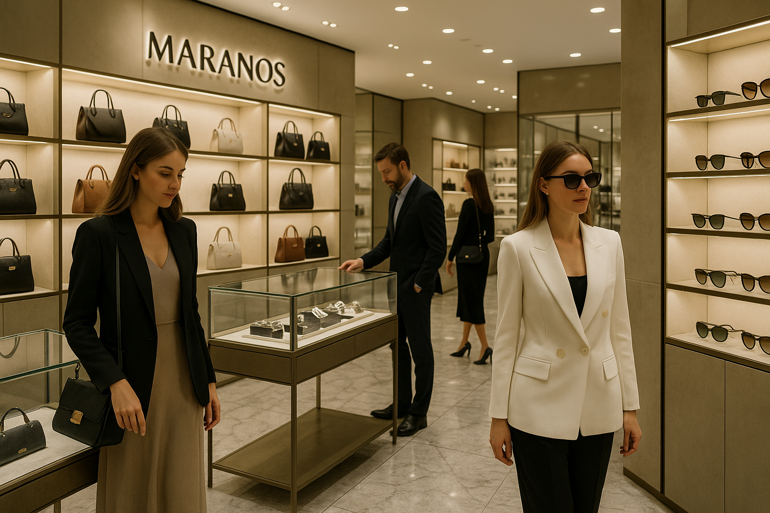 Luxe designer winkel van binnen die designer tassen, horloges en zonnebrillen verkoopt.
Winkel heet maranos.
Stel winkelt binnen en hebben moderne luxe kleding aan.
